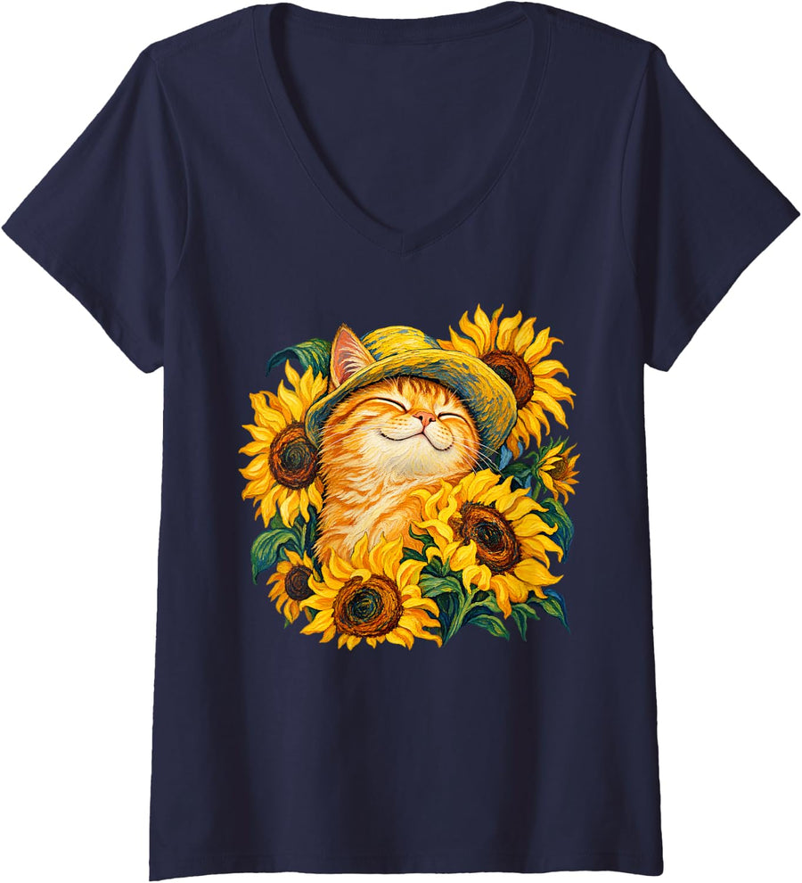 Women's Ginger Cat with Sunflowers Straw Hat Summer Art V-Neck T-Shirt - Navy Blue
