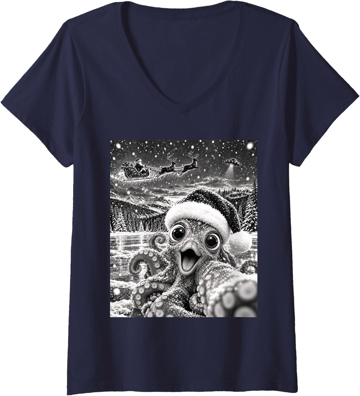 Women's Octopus Selfie with Santa Funny Christmas Men Women Kids V-Neck T-Shirt - Navy Blue