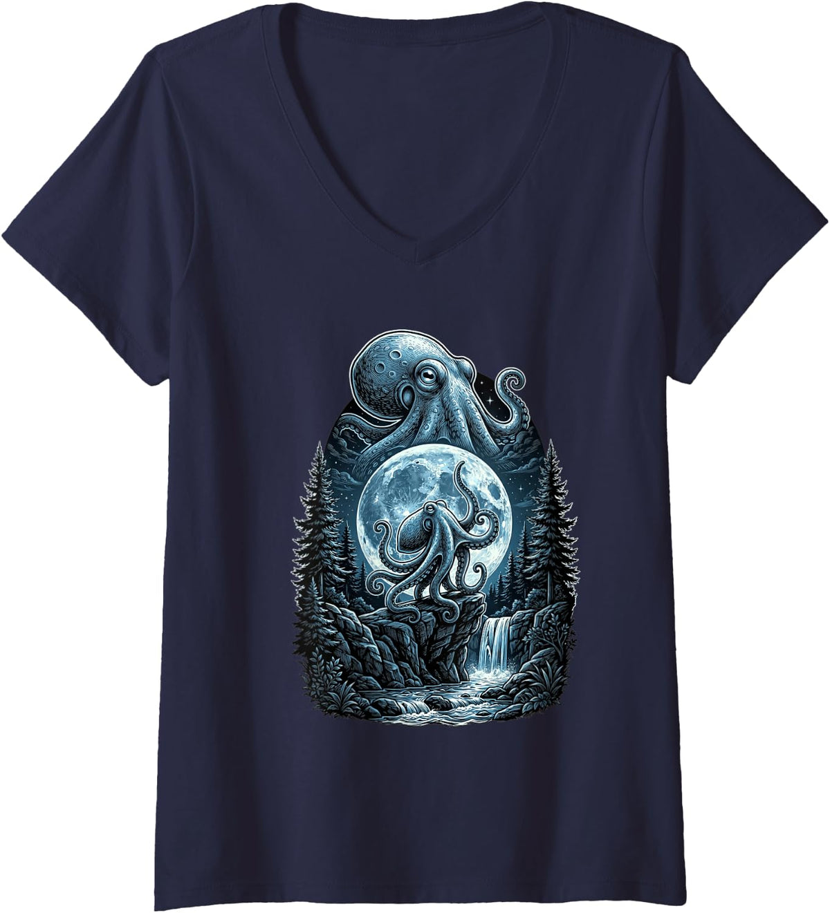Women's Kraken Octopus Howling to The Moon Funny Meme Lover Men V-Neck T-Shirt - Navy Blue