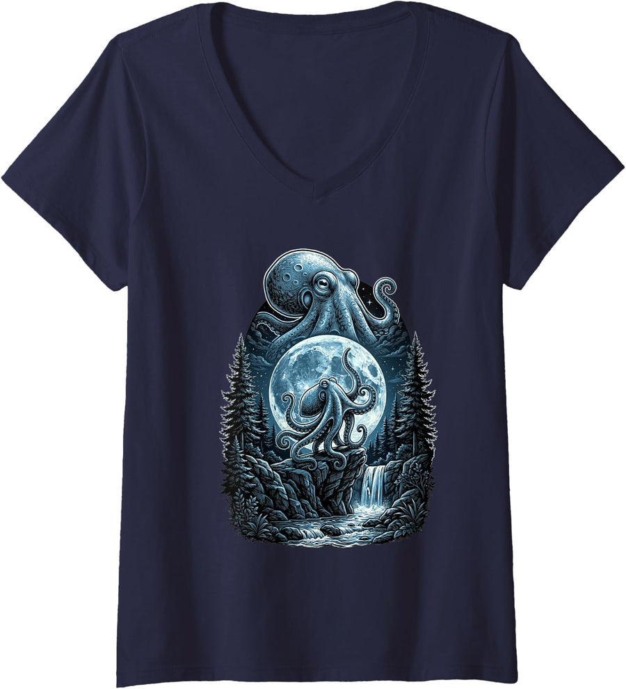 Women's Kraken Octopus Howling to The Moon Funny Meme Lover Men V-Neck T-Shirt - Navy Blue