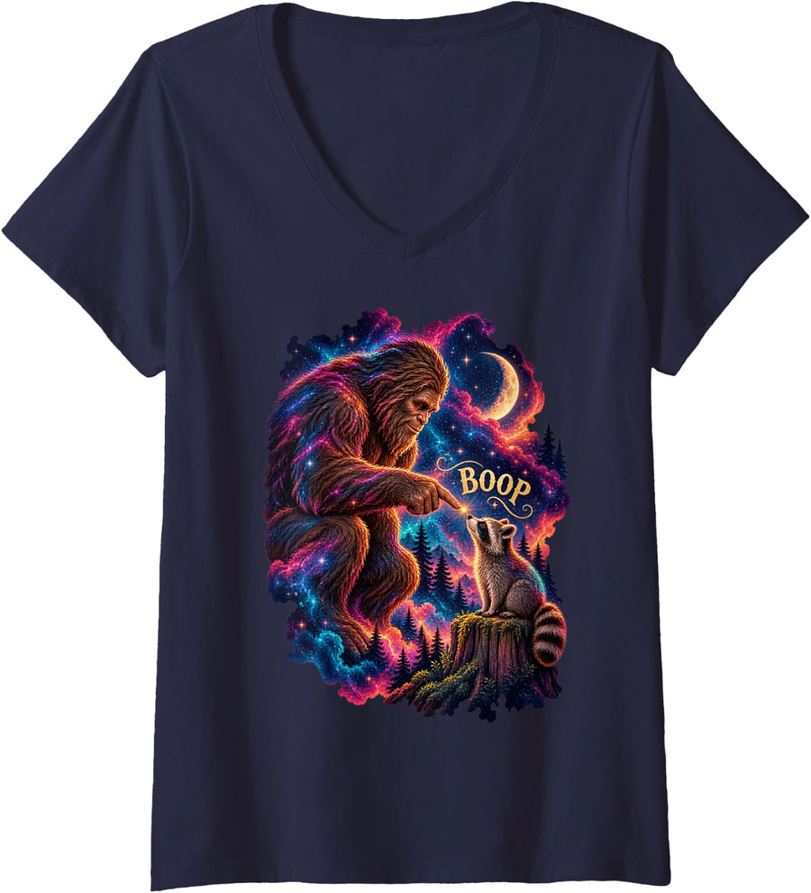 Women's Bigfoot Boop Raccoon Lover Galaxy Sasquatch Trash Panda Moon V-Neck T-Shirt - Navy Blue