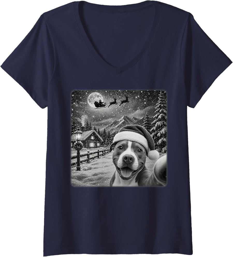 Women's Xmas Moon Night American Staffordshire Terrier Dog Christmas V-Neck T-Shirt - Navy Blue