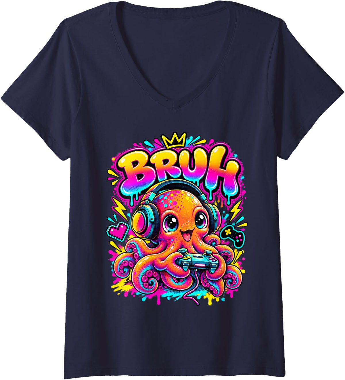 Women's Bruh Octopus Funny Video Games Boys Animal Lover V-Neck T-Shirt - Navy Blue