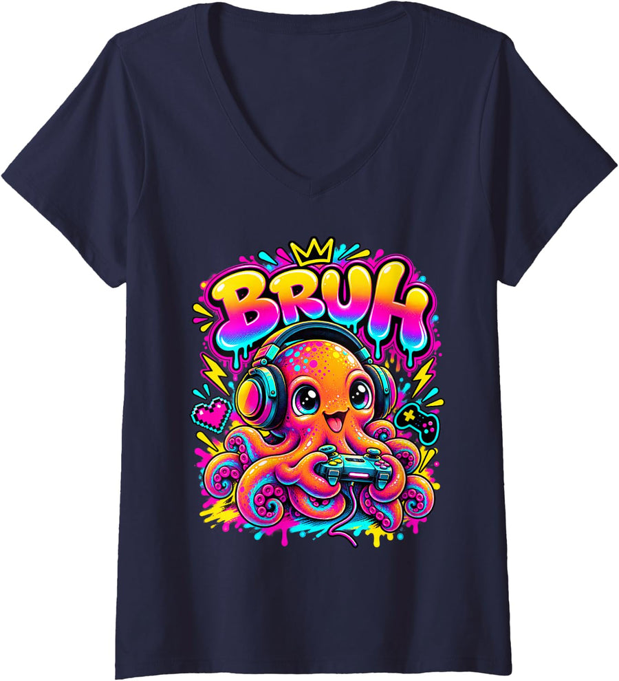 Women's Bruh Octopus Funny Video Games Boys Animal Lover V-Neck T-Shirt - Navy Blue