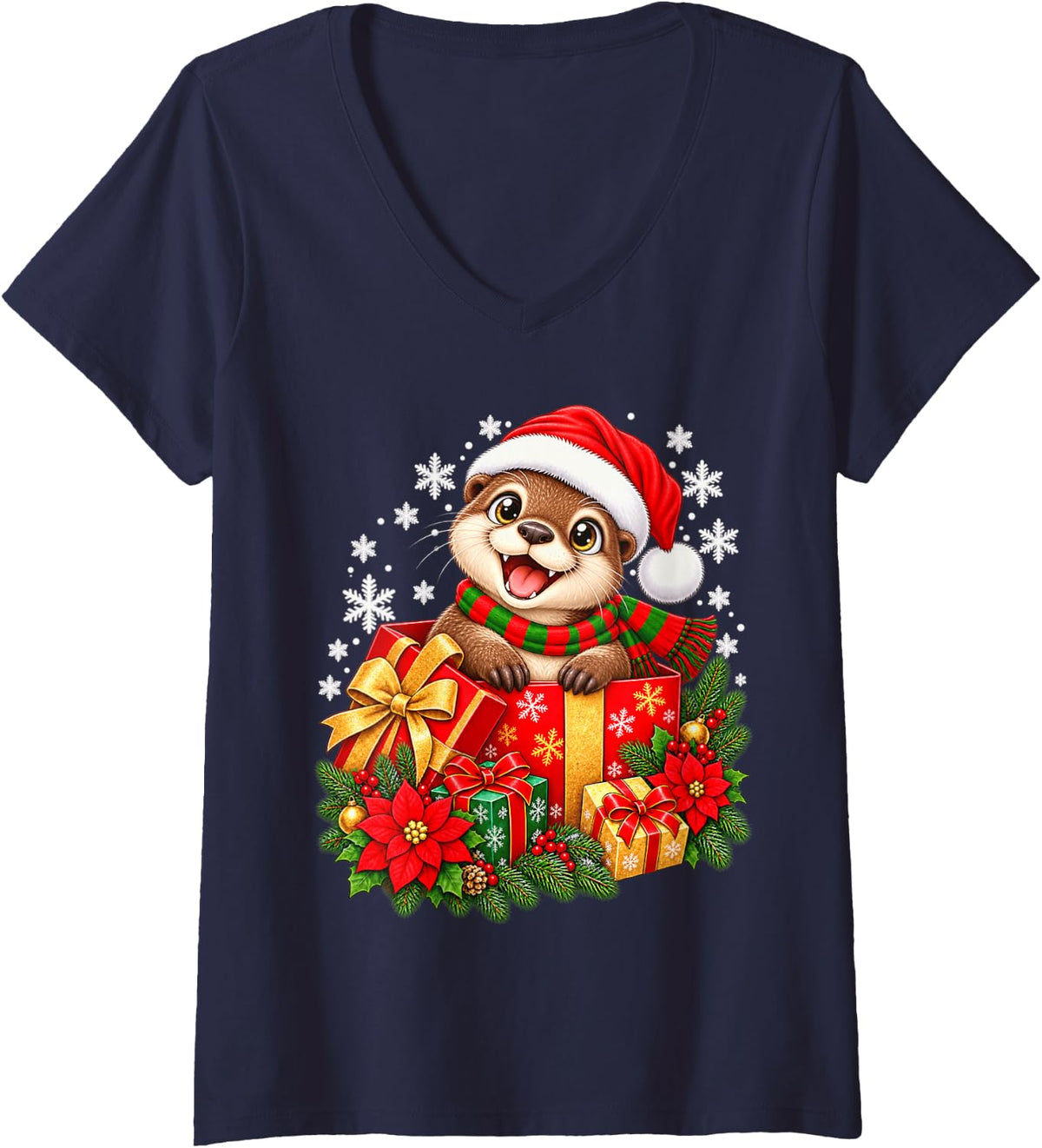 Women's Cute Christmas Octopus Santa Hat Winter Holiday V-Neck T-Shirt - Navy Blue
