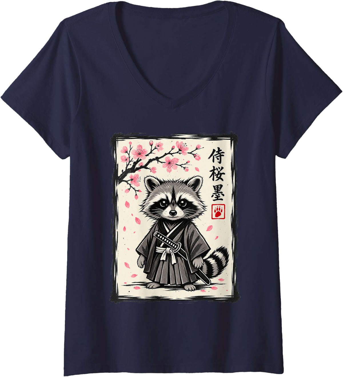 Women's Funny Samurai Raccoon Sakura Japanese Kawaii Trash Panda V-Neck T-Shirt - Navy Blue