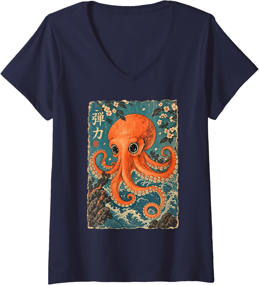 Women's Octopus Cherry Blossom Japanese Woodblock Ukiyo-e Ocean Art V-Neck T-Shirt - Navy Blue