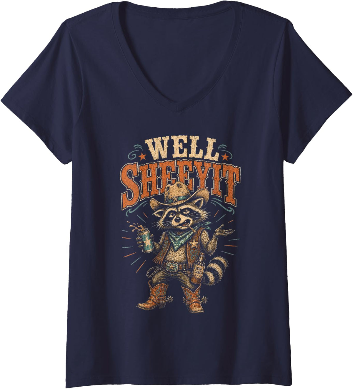Women's Well Sheeyit Raccoon Cowboy Trash Panda Humor V-Neck T-Shirt - Navy Blue