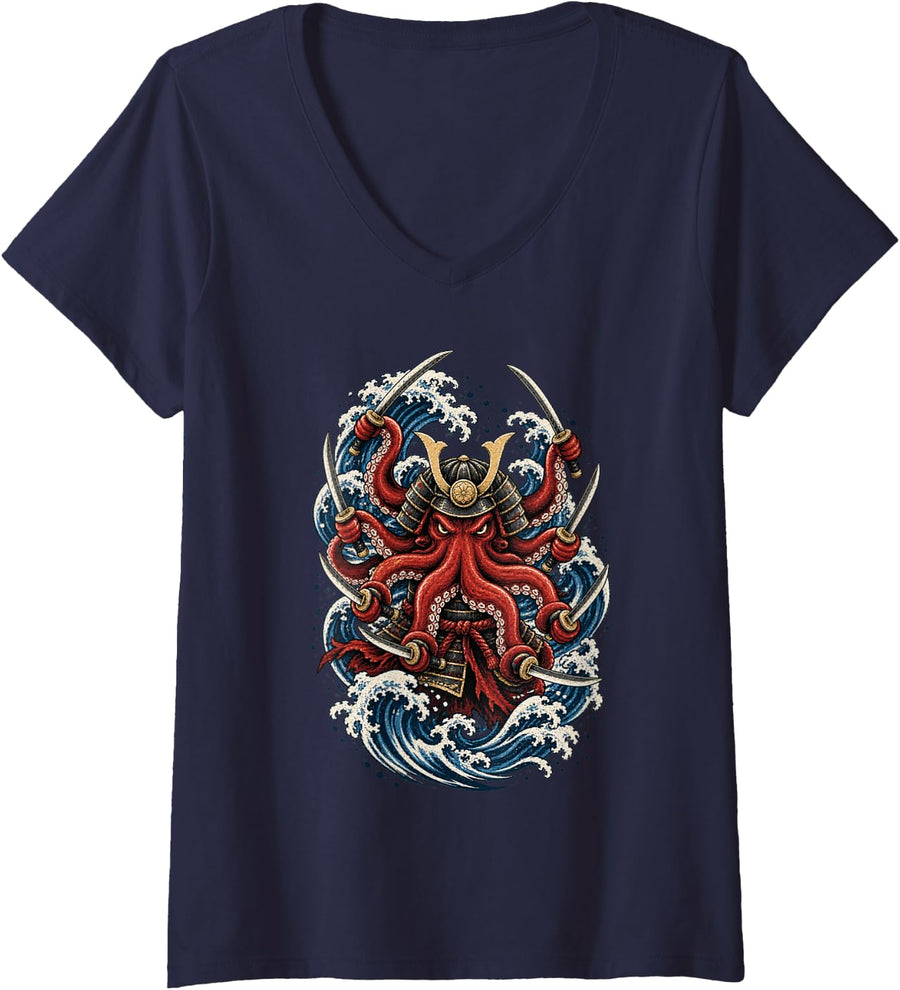 Women's Samurai Octopus Swords Japanese Waves Vintage Ocean Art V-Neck T-Shirt - Navy Blue