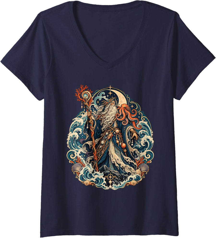 Women's Sea Sorcerer Octopus Ocean Magic Fantasy Wizard V-Neck T-Shirt - Navy Blue