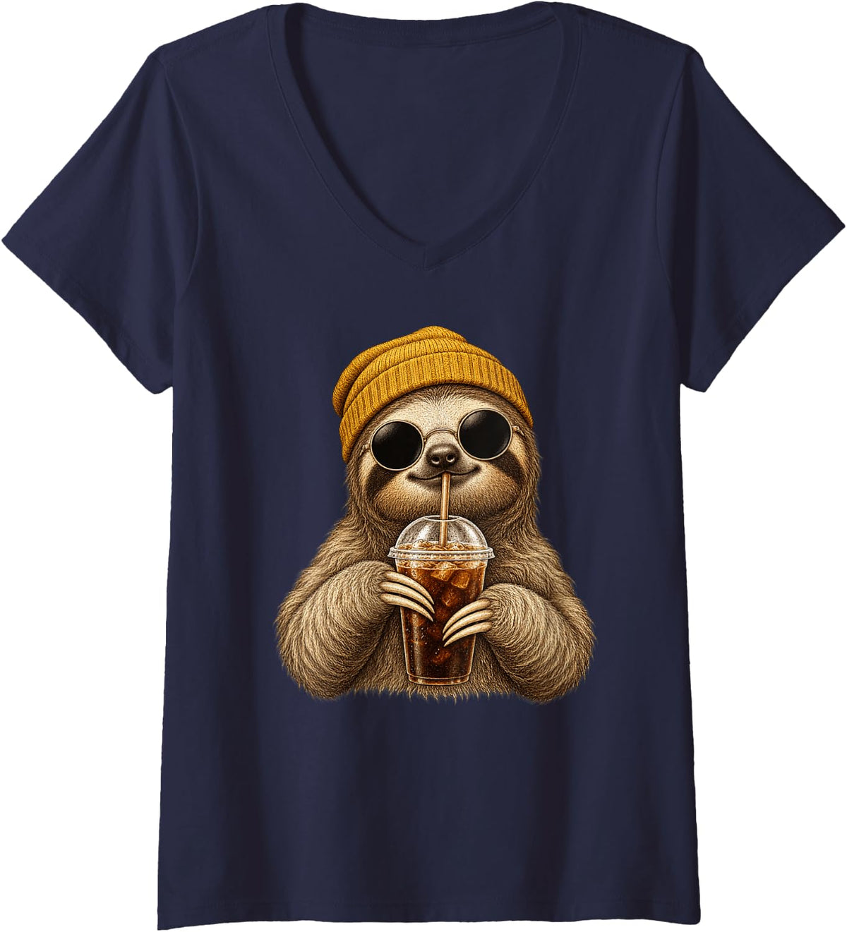 Women's Funny Sloth Drinking Iced Coffee with Sunglasses and Beanie V-Neck T-Shirt - Navy Blue