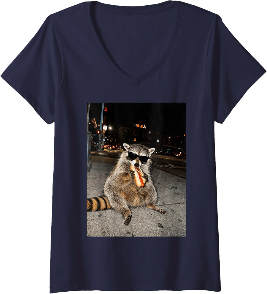 Women's Raccoon Eating Hot Dogs Meme Hungry Trash Panda Snack Animal V-Neck T-Shirt - Navy Blue
