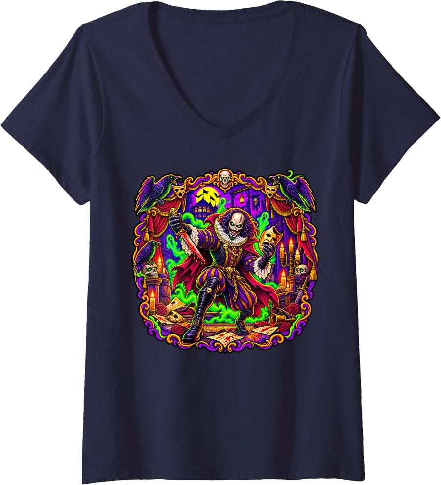 Women's Shakespeare Zombie Theater Theatre English Literature Spooky V-Neck T-Shirt - Navy Blue