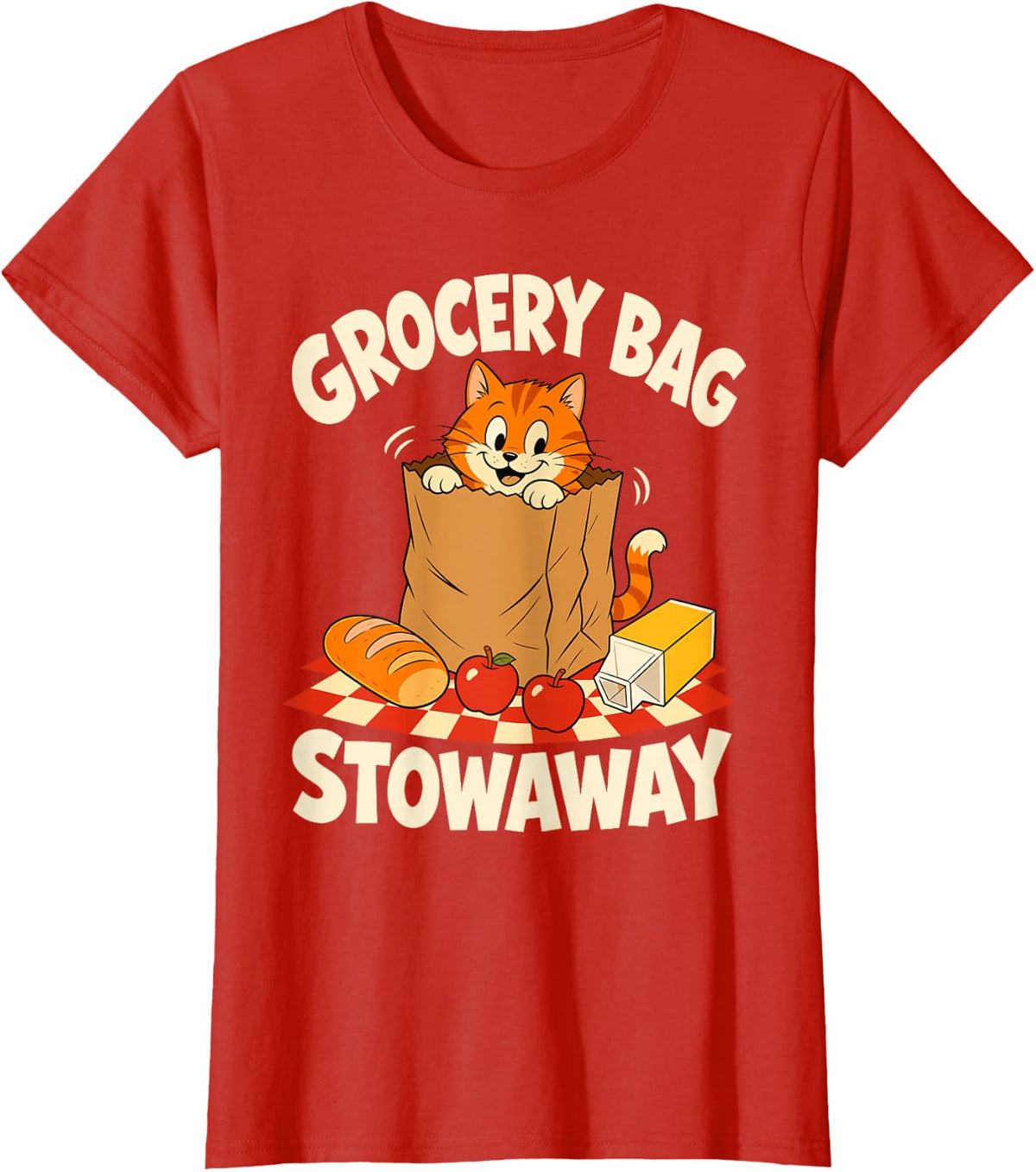 Grocery Bag Stowaway Ginger Cat T-Shirt - Red
