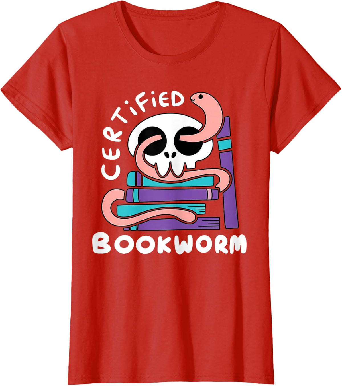 Certified Bookworm Skull Book Stack Reader T-Shirt - Red