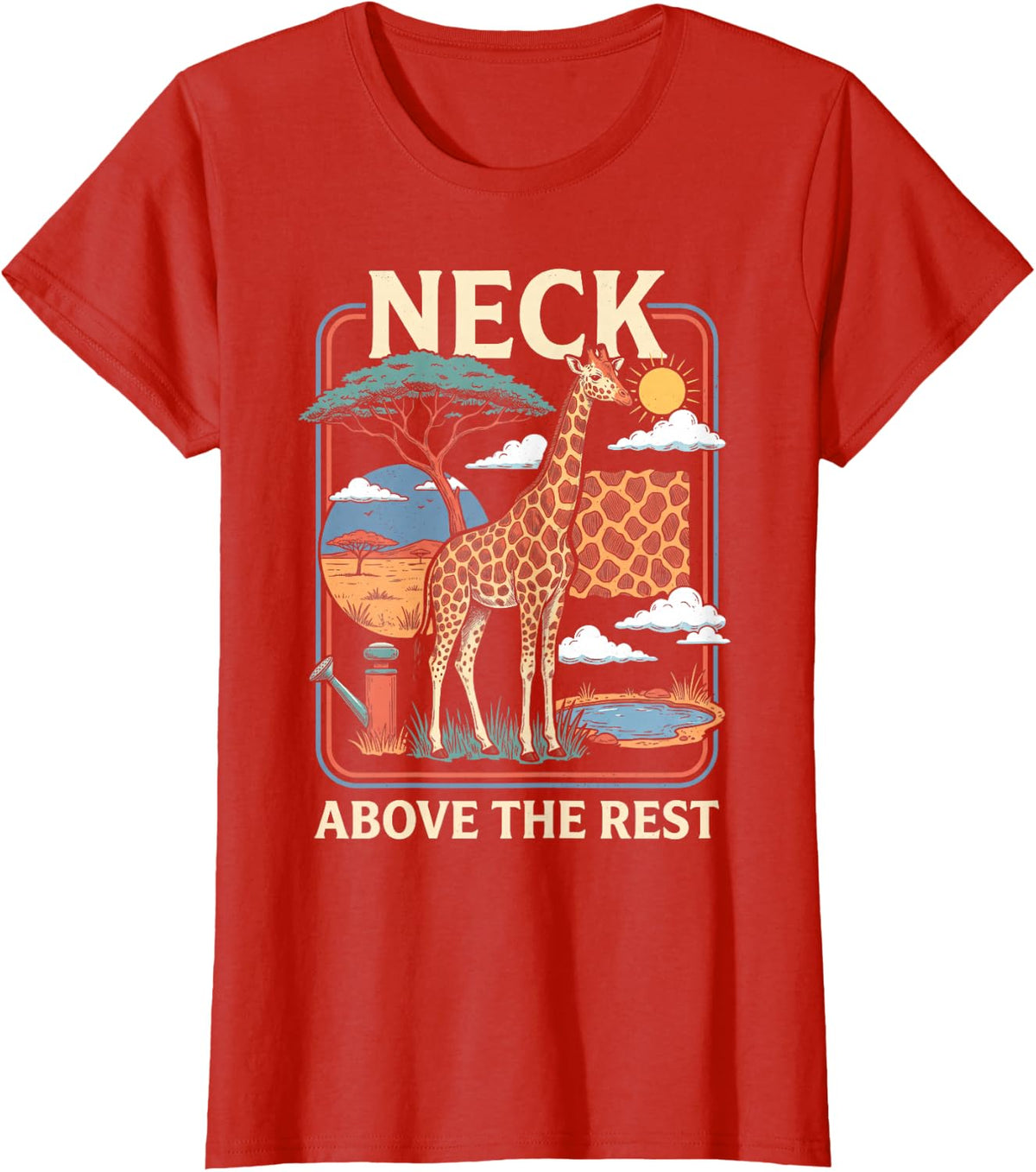Giraffe Wildlife Nature Vintage Poster T-Shirt - Red
