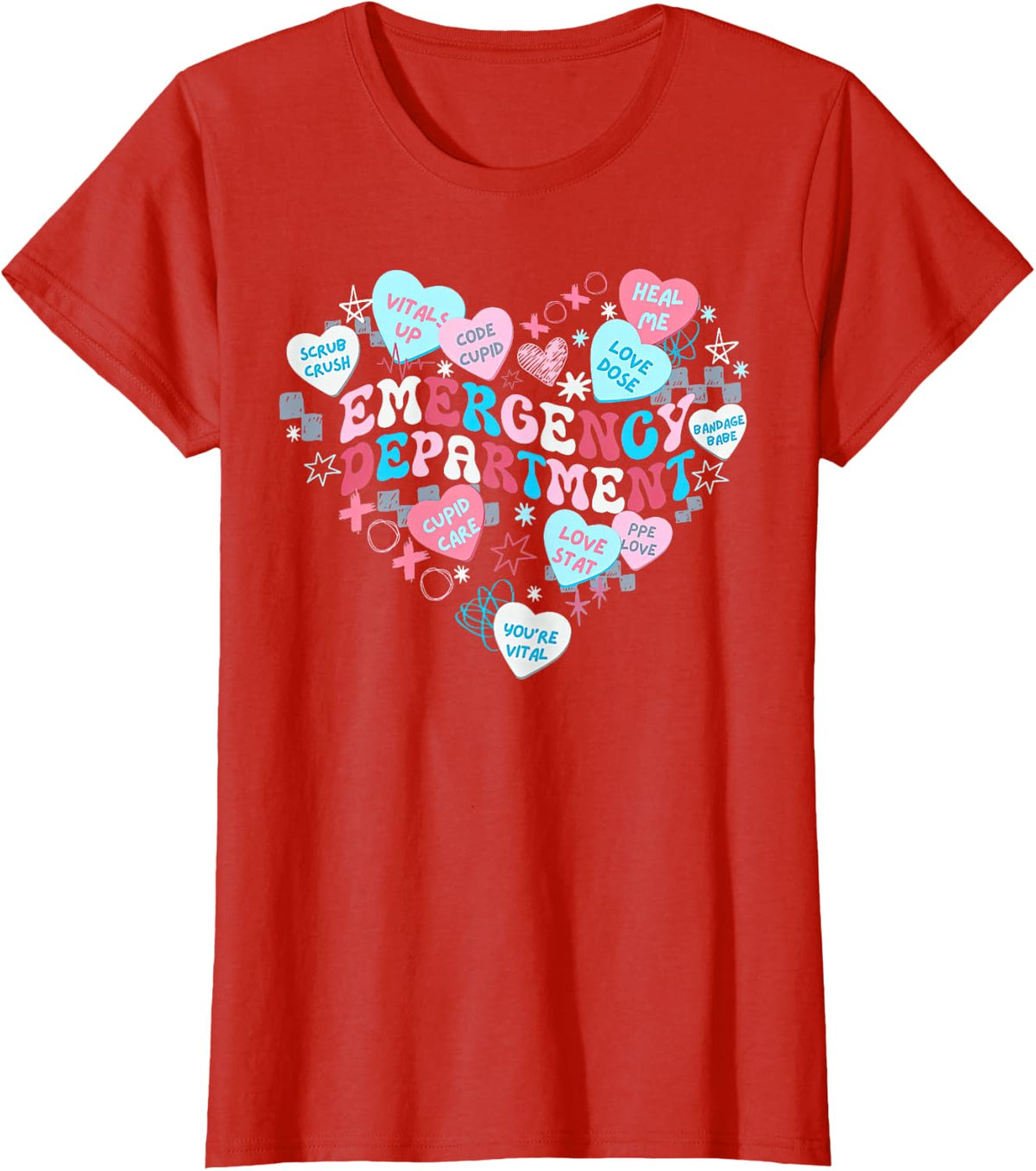 Retro Emergency Department Heart Valentines Nurse ER Crew T-Shirt - Red