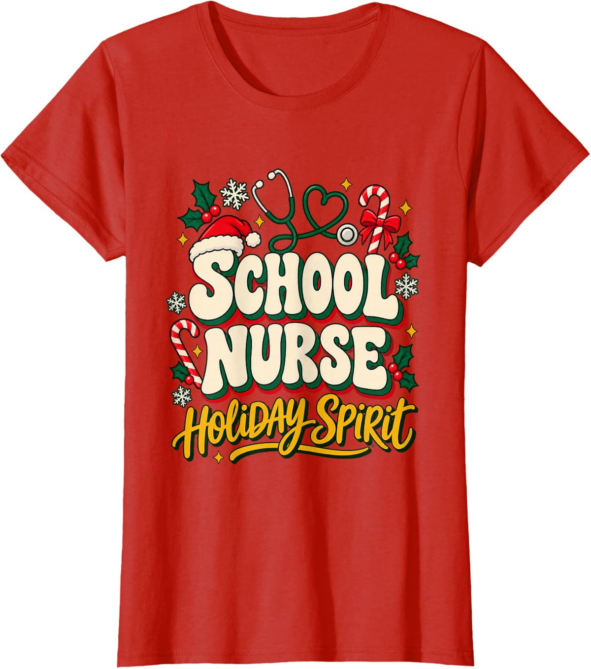 Christmas School Nurse Festive Wreath T-Shirt - Red