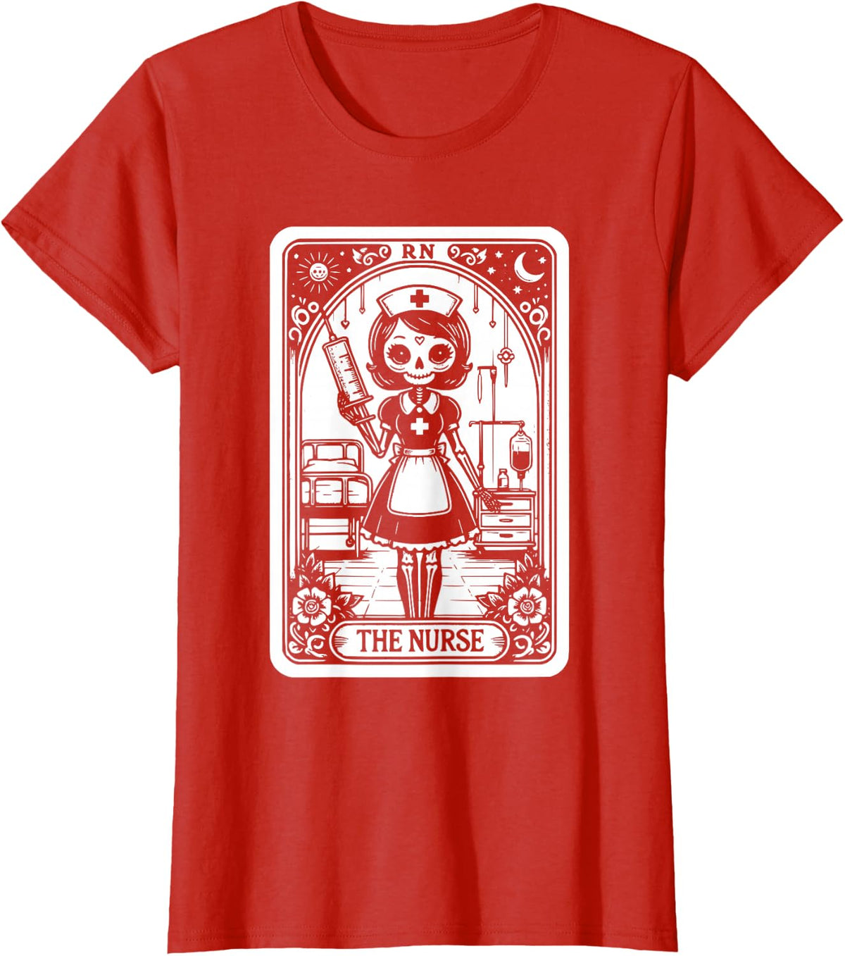 Tarot Card Nurse Doctor Skeleton Tarot Cards T-Shirt - Red