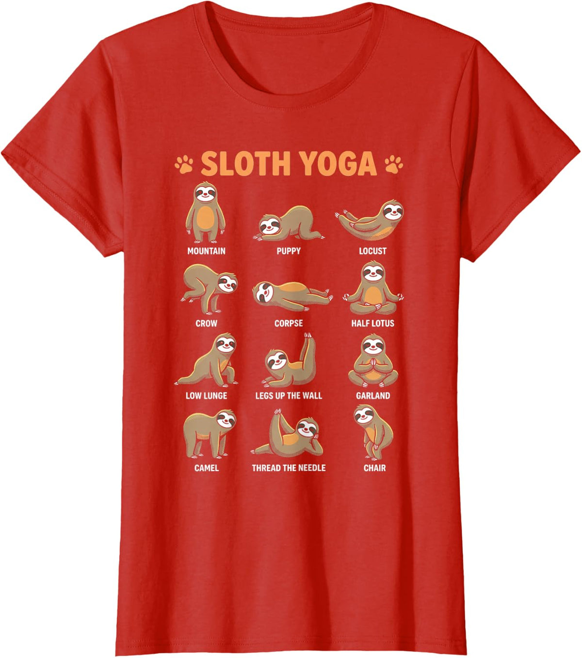 Sloth Yoga Comic Poses Cute Funny Animal Chart T-Shirt - Red