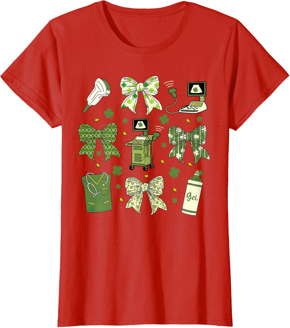 Coquette Bow Sonographer St Patrick's Day Ultrasound Tech OB T-Shirt - Red