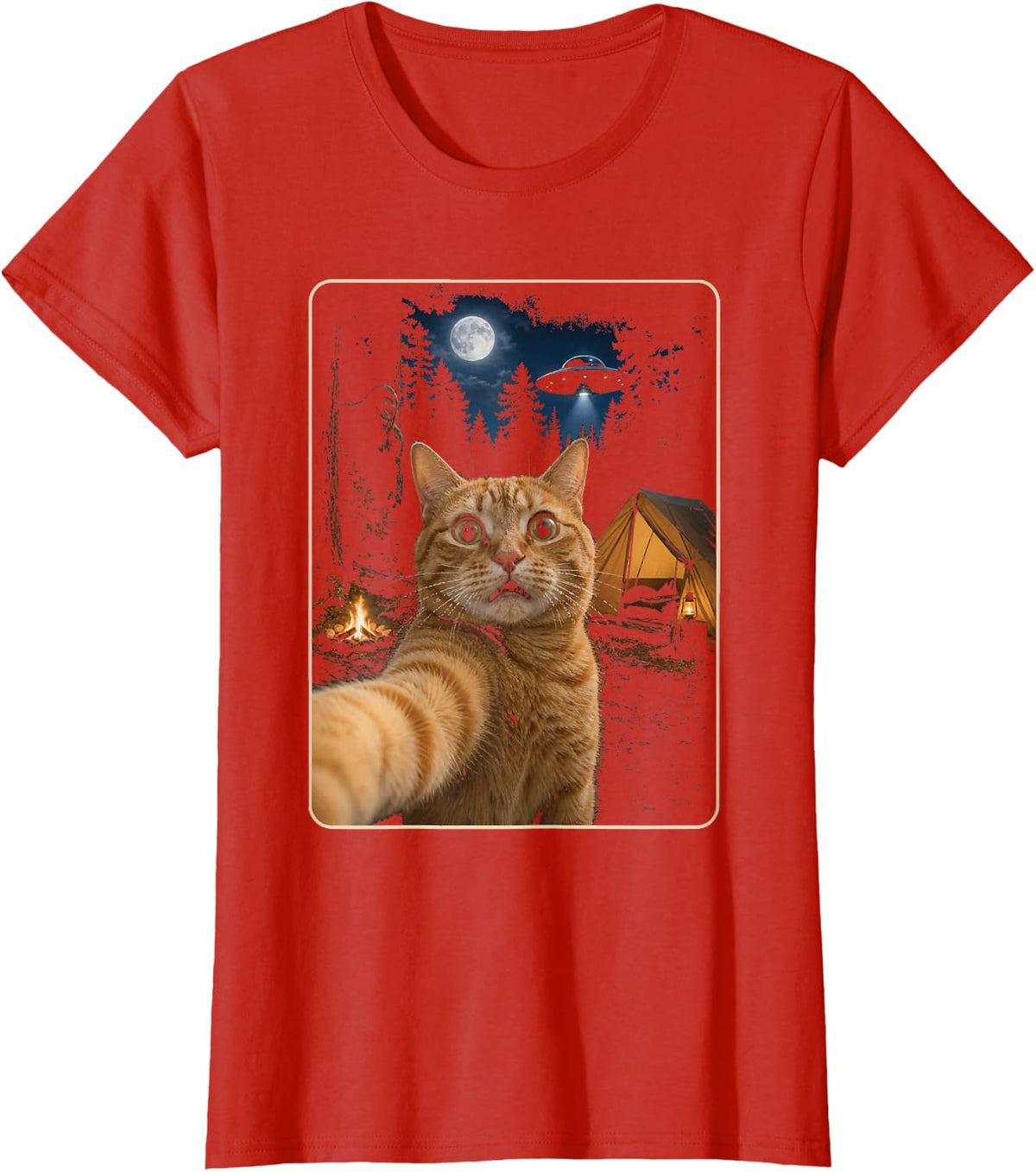 Funny Cat Selfie Bigfoot UFO Alien Sasquatch Ginger Camping T-Shirt - Red