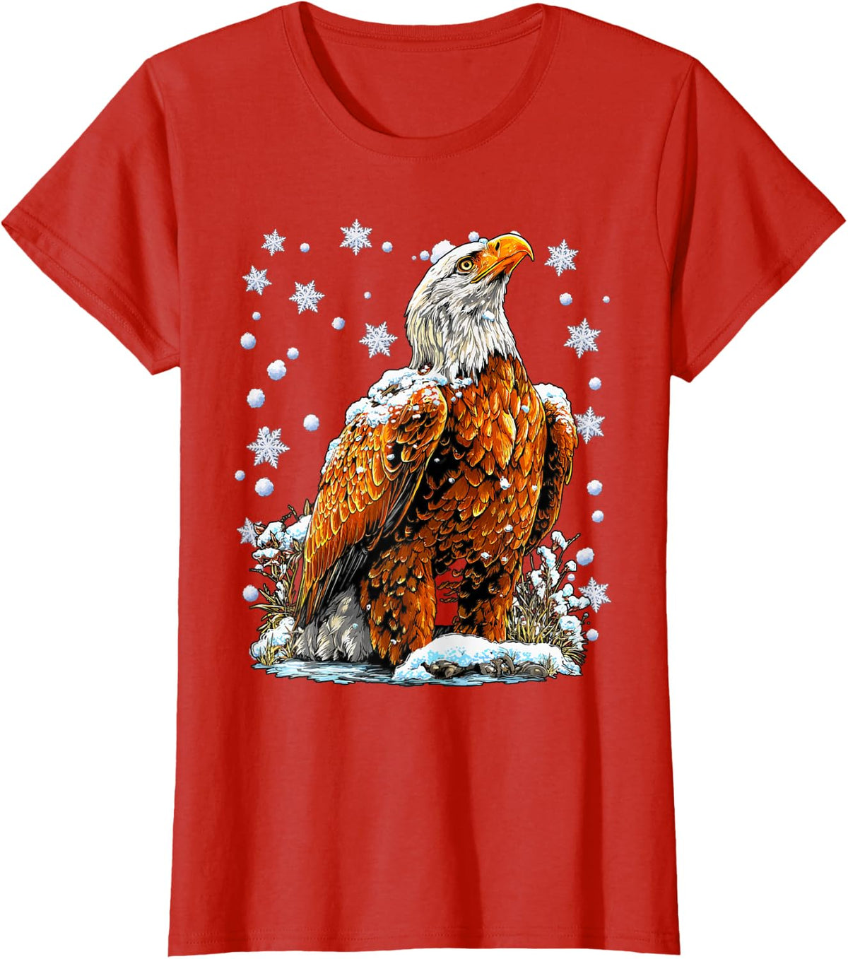 Snowy Bald Eagle with Snow and Snowflakes Winter Aesthetic T-Shirt - Red