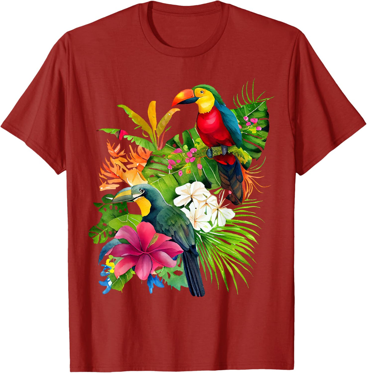 Tropical Bird Toucan Rainforest Jungle Greenery Flowers T-Shirt - Cranberry Red