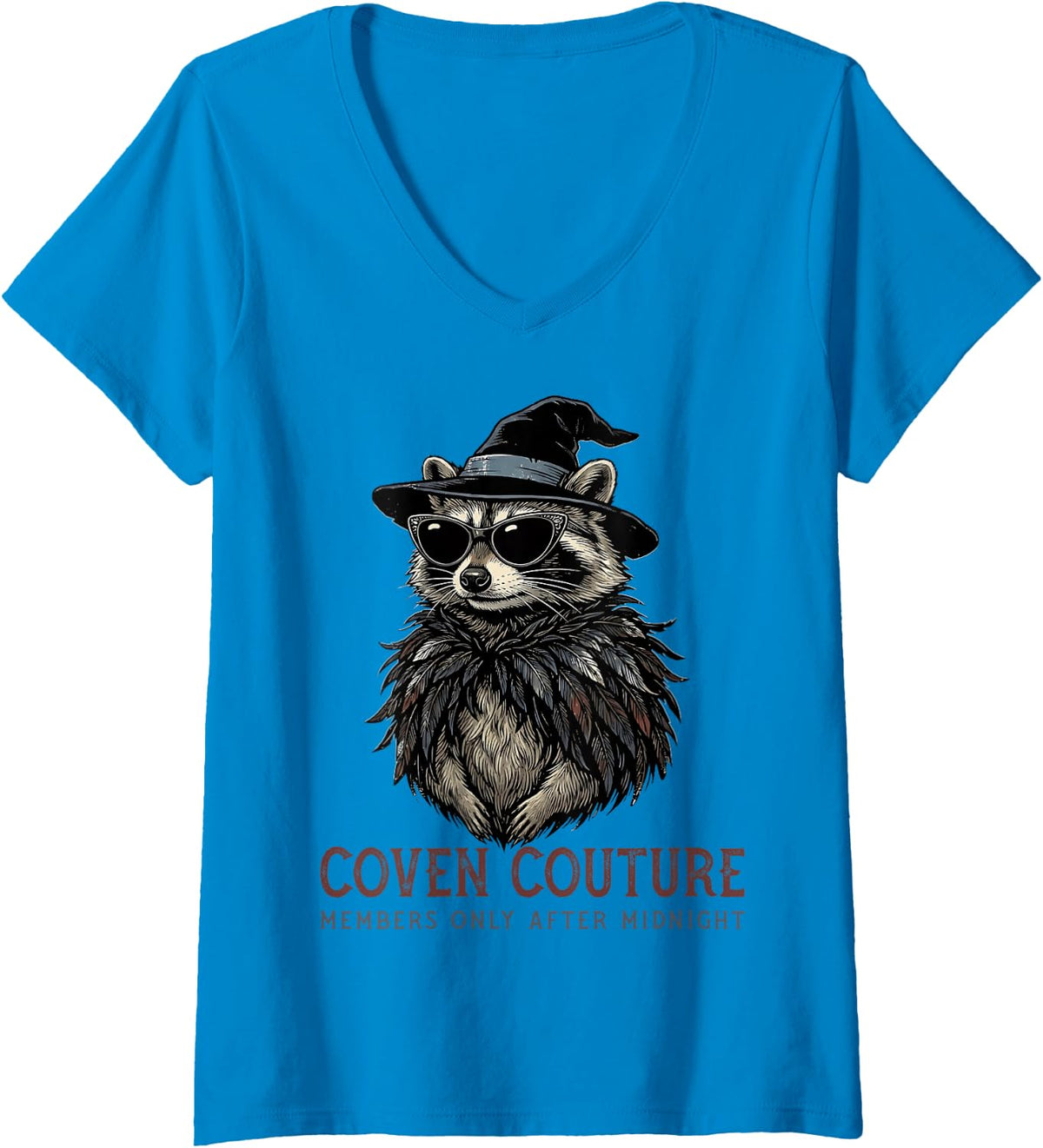 Women's Raccoon Trash Panda Witch Hat Sunglasses Feather Shawl V-Neck T-Shirt - Sapphire Blue