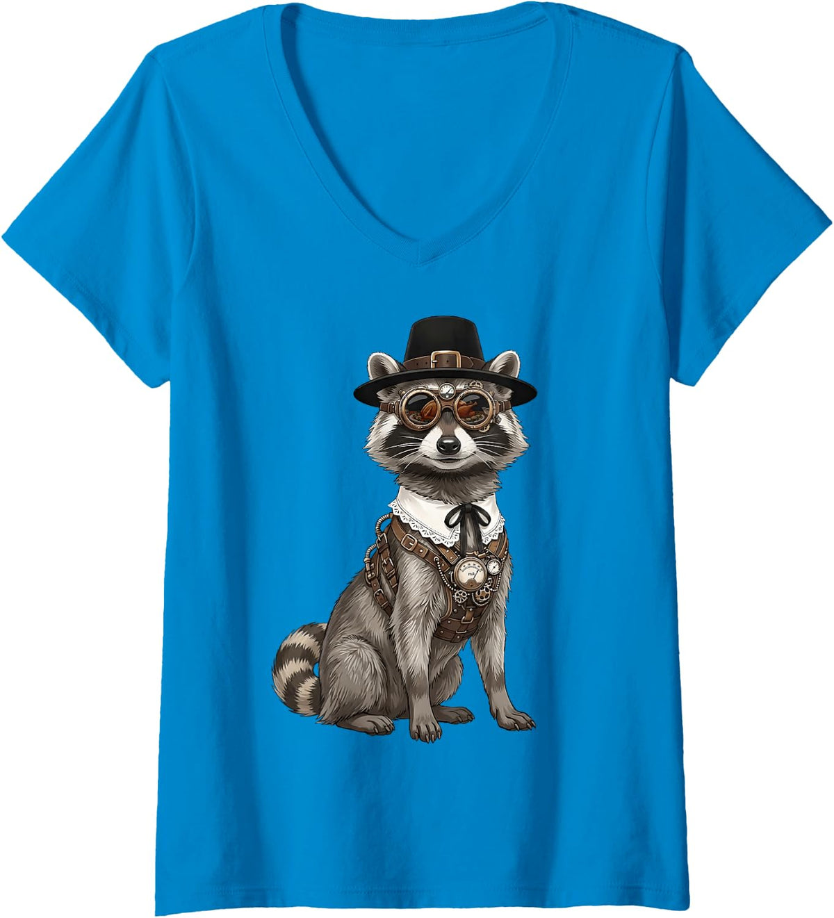 Women's Raccoon Trash Panda Vintage Retro Turkey Day Dinner Fall V-Neck T-Shirt - Sapphire Blue