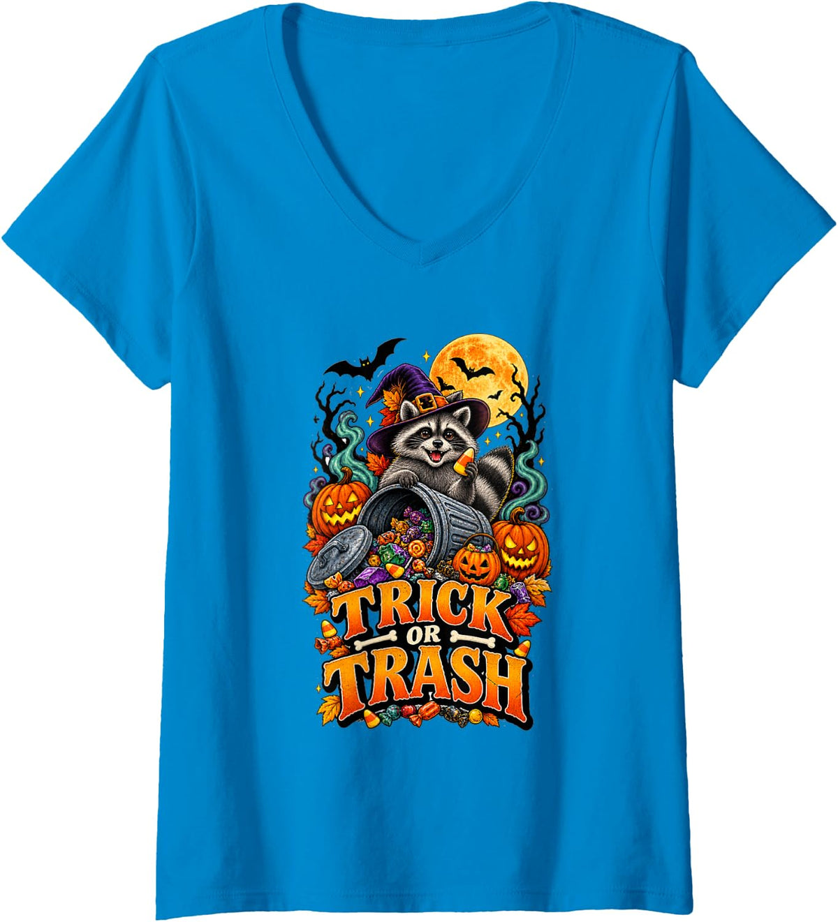 Women's Trick or Trash Funny Raccoon Halloween Witch V-Neck T-Shirt - Sapphire Blue