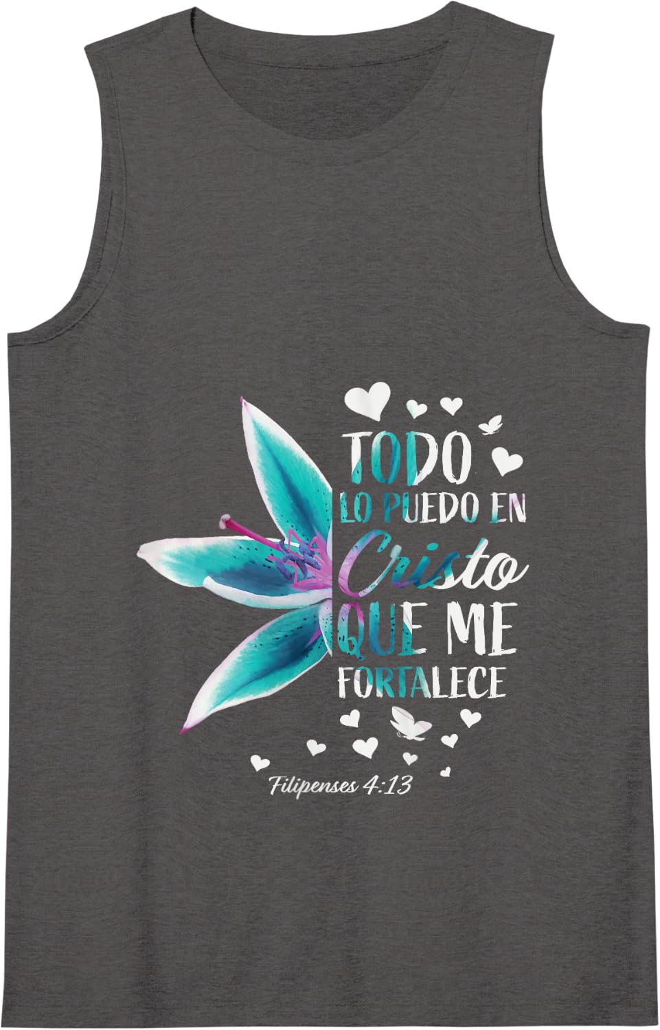 Womens Christian Spanish Bible Verse Products Philippians 4:13 Tank Top - Dark Heather Grey