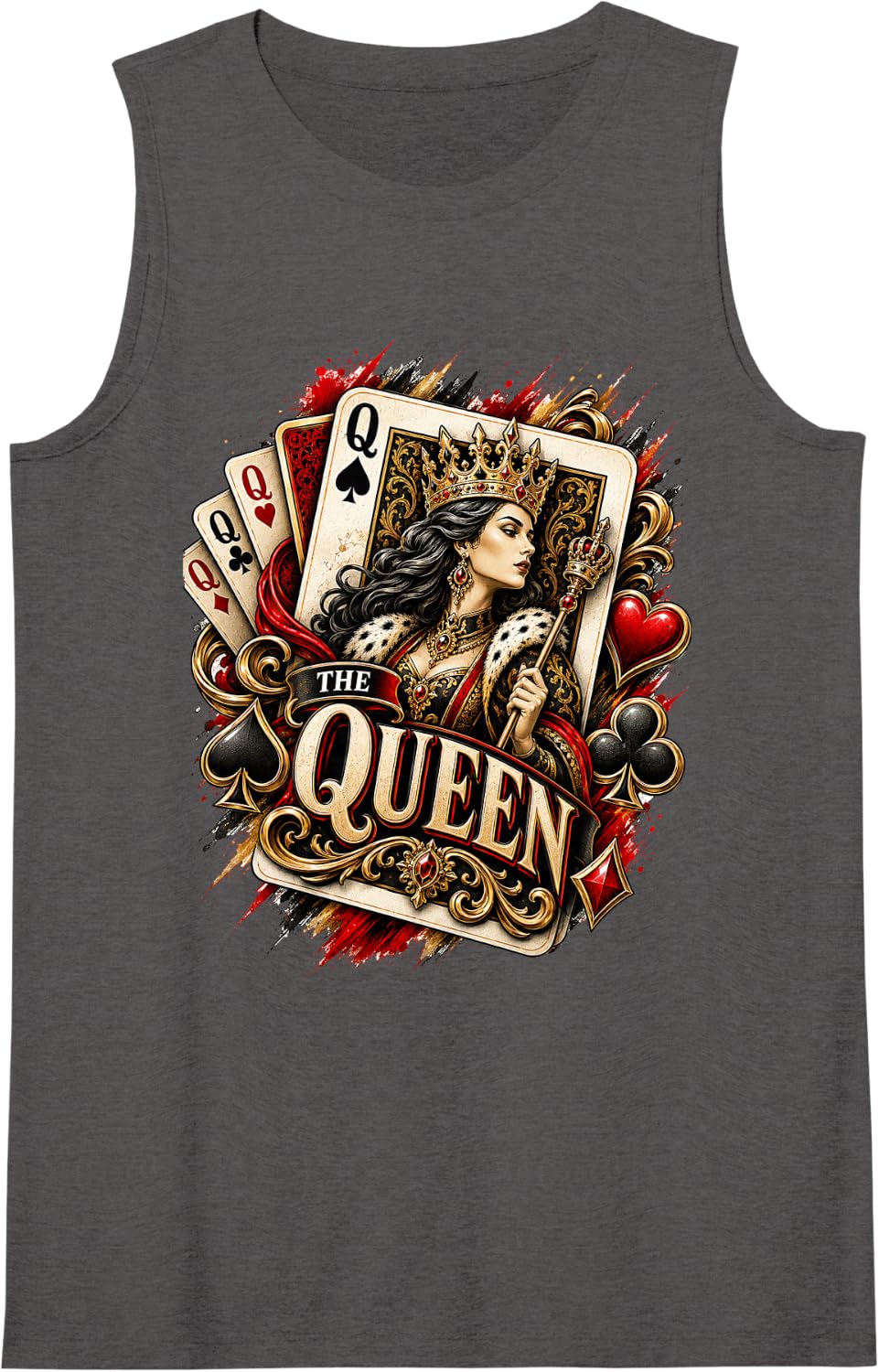 Women's Funny Card Game Couple The Queen Card Playing Cards Lover Sleeveless Tank Top - Dark Heather Grey