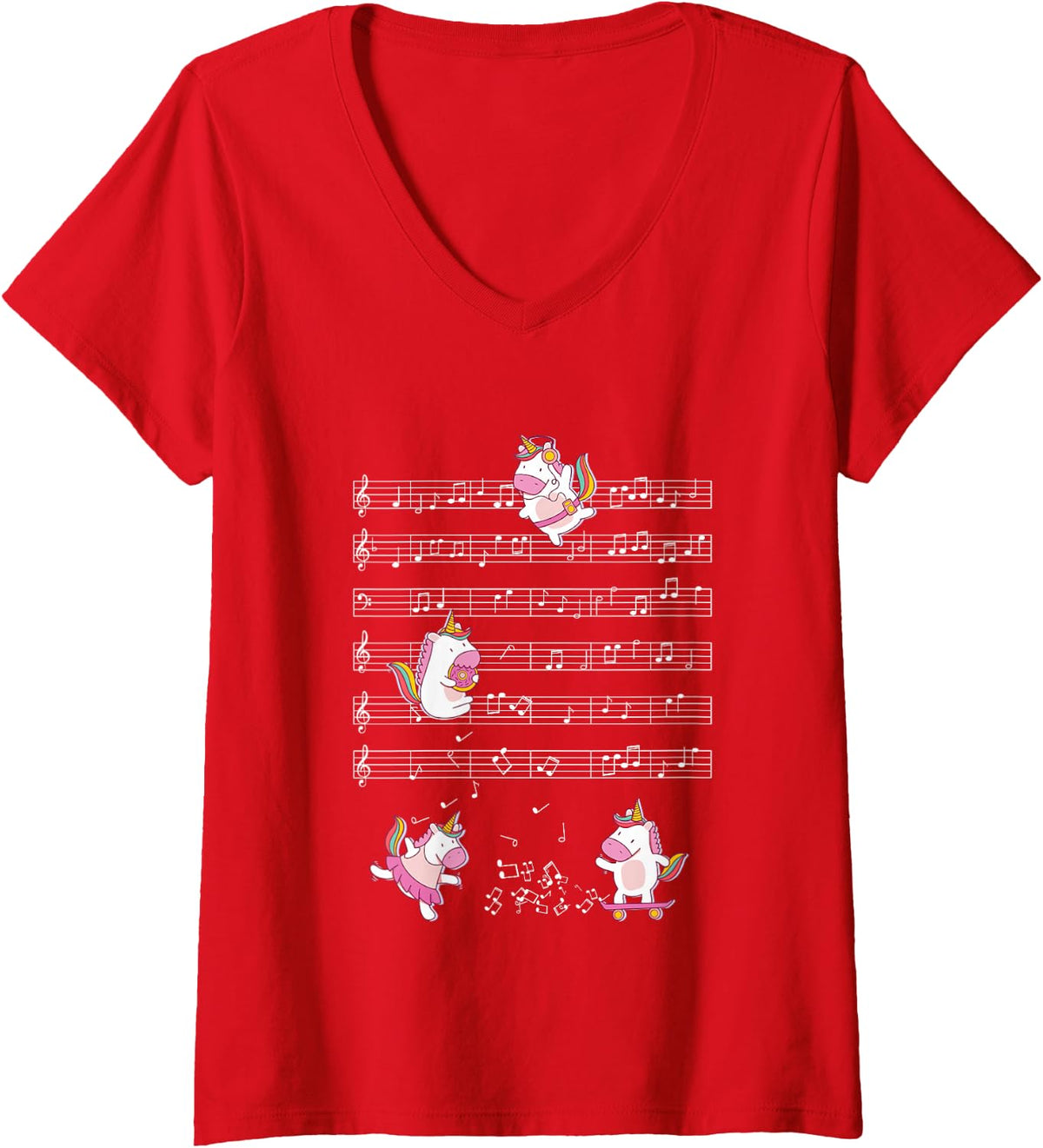 Women's Cute Unicorns Playing Music Note Clef Musician Art V-Neck T-Shirt - Red