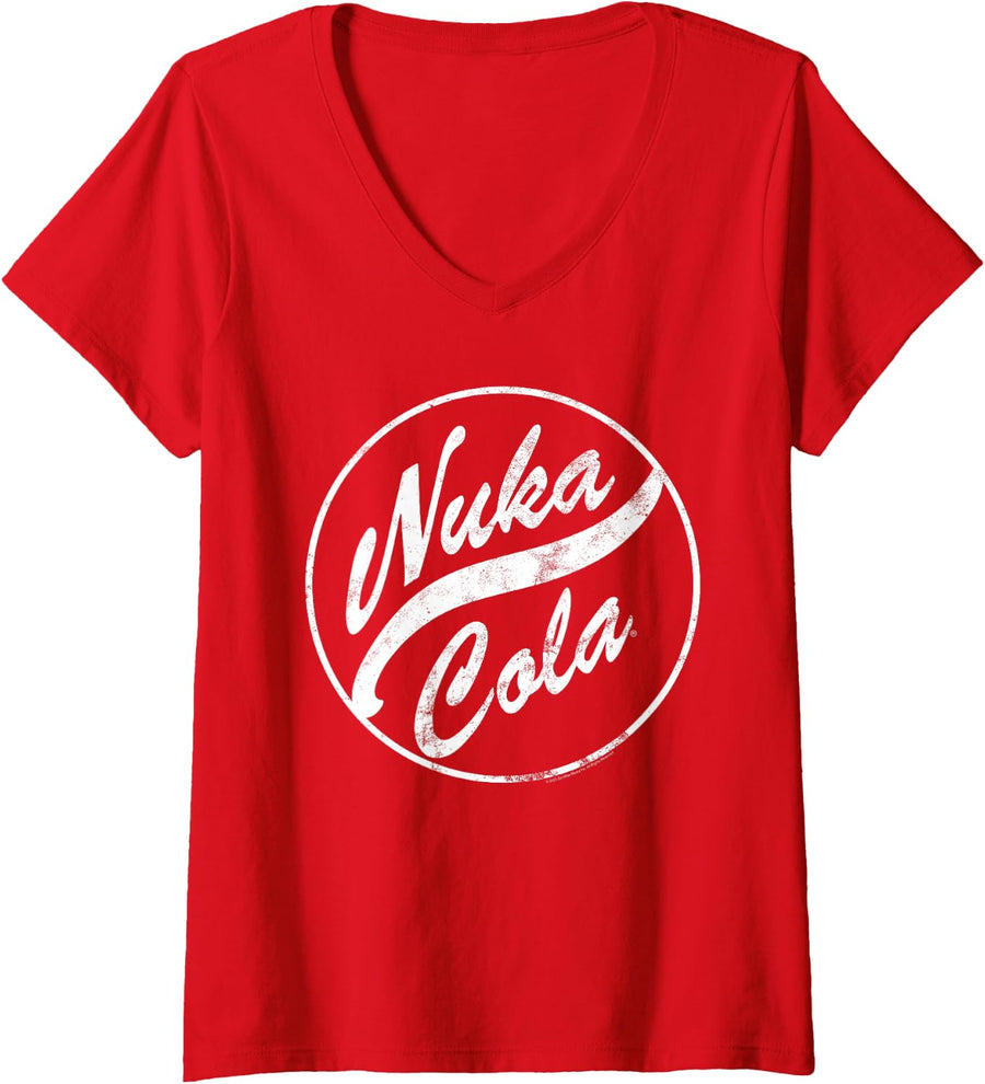 Women's Fallout Video Game Nuka Cola Distressed Round Logo V-Neck T-Shirt - Red