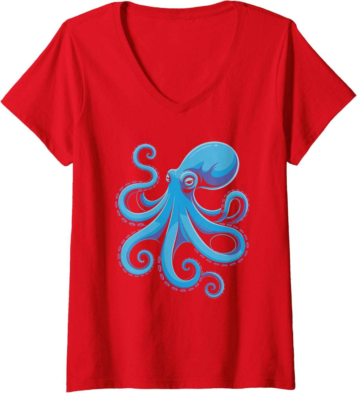 Women's Vivid Blue Octopus Nautical Artwork V-Neck T-Shirt - Red