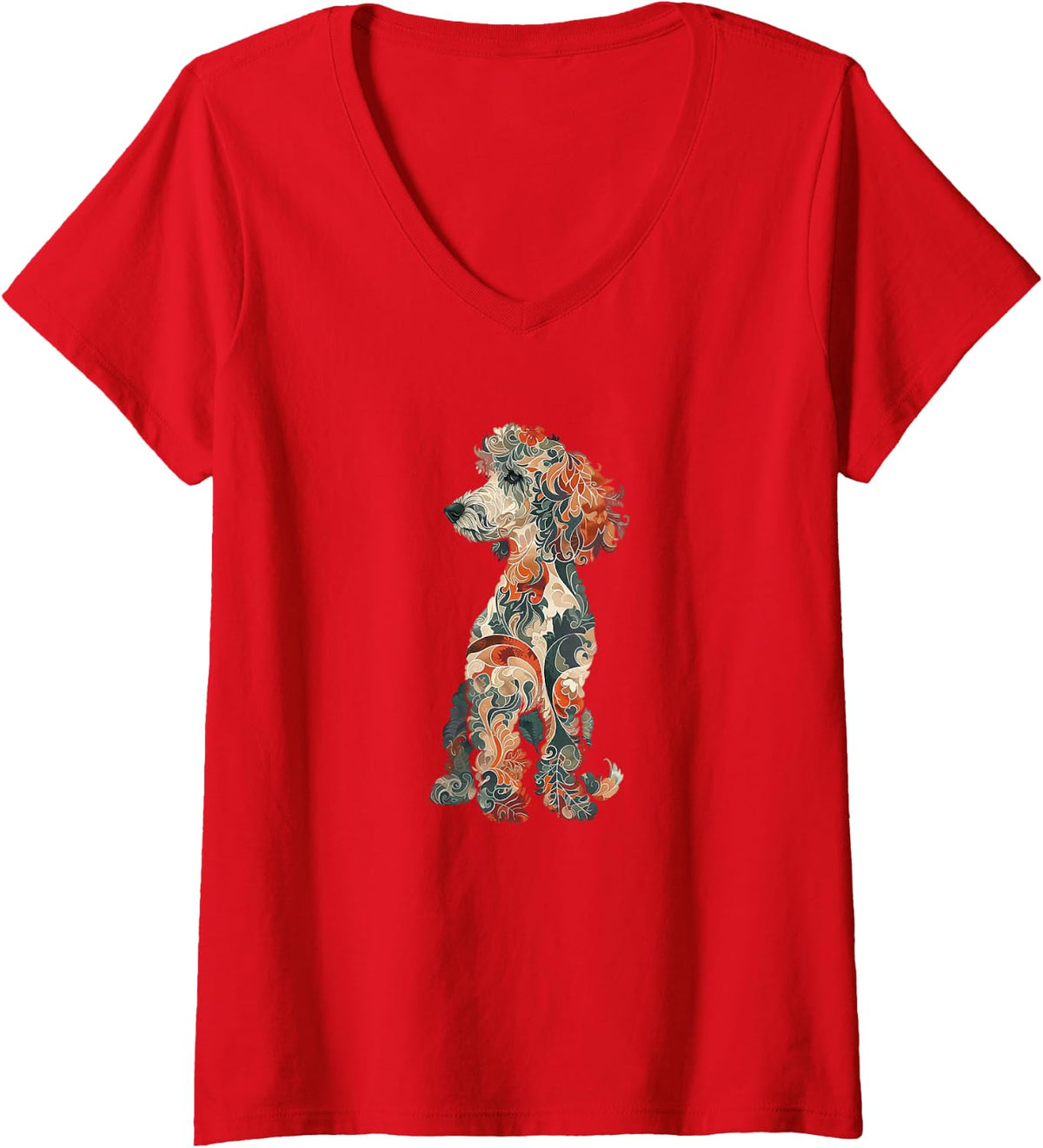 Women's Womens & Girls Multicolored Cute Folk Art Poodle Lover V-Neck T-Shirt - Red