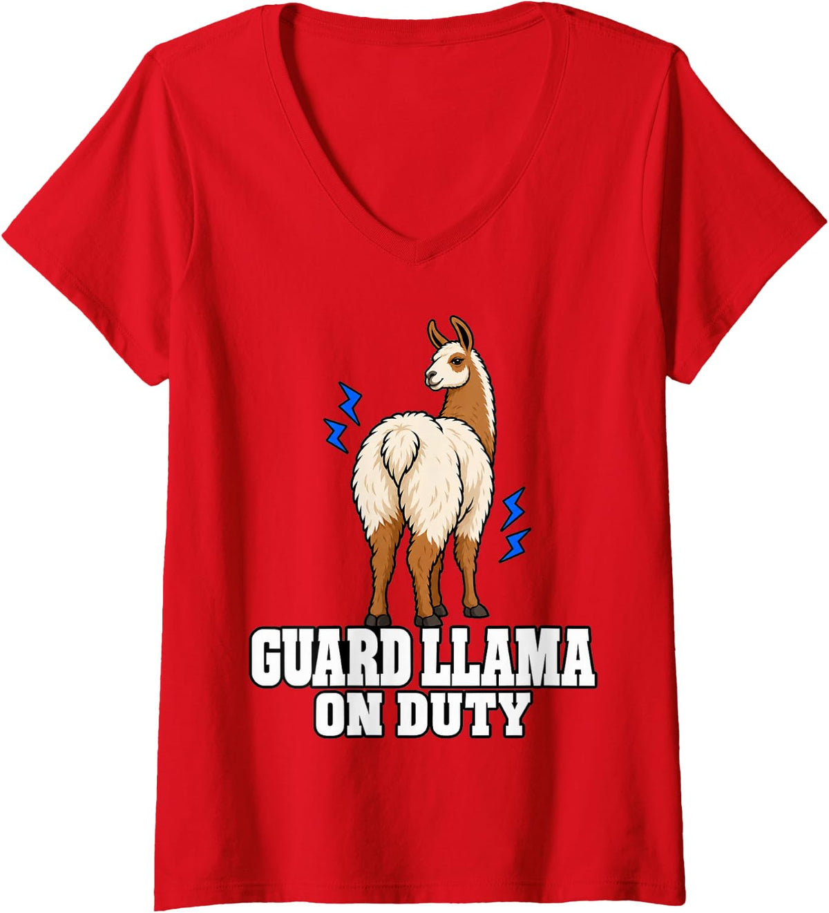 Women's Llama Farm Guard Llama On Duty Fan Humor Rancher Life Fiber V-Neck T-Shirt - Red