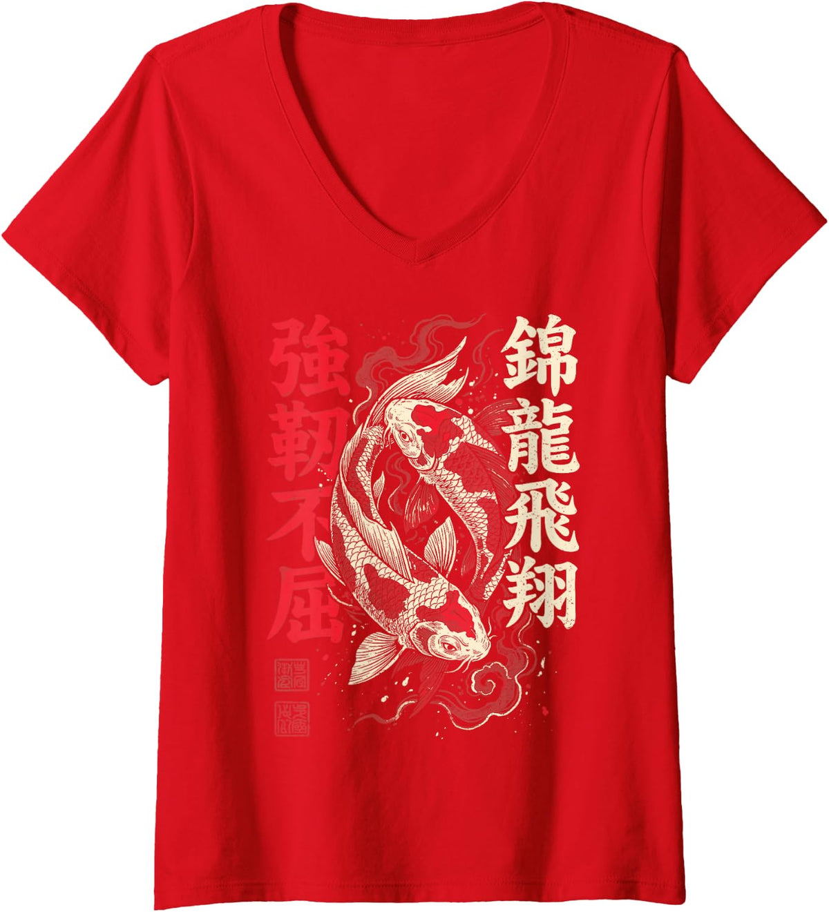 Women's Koi Fish Japanese V-Neck T-Shirt - Red