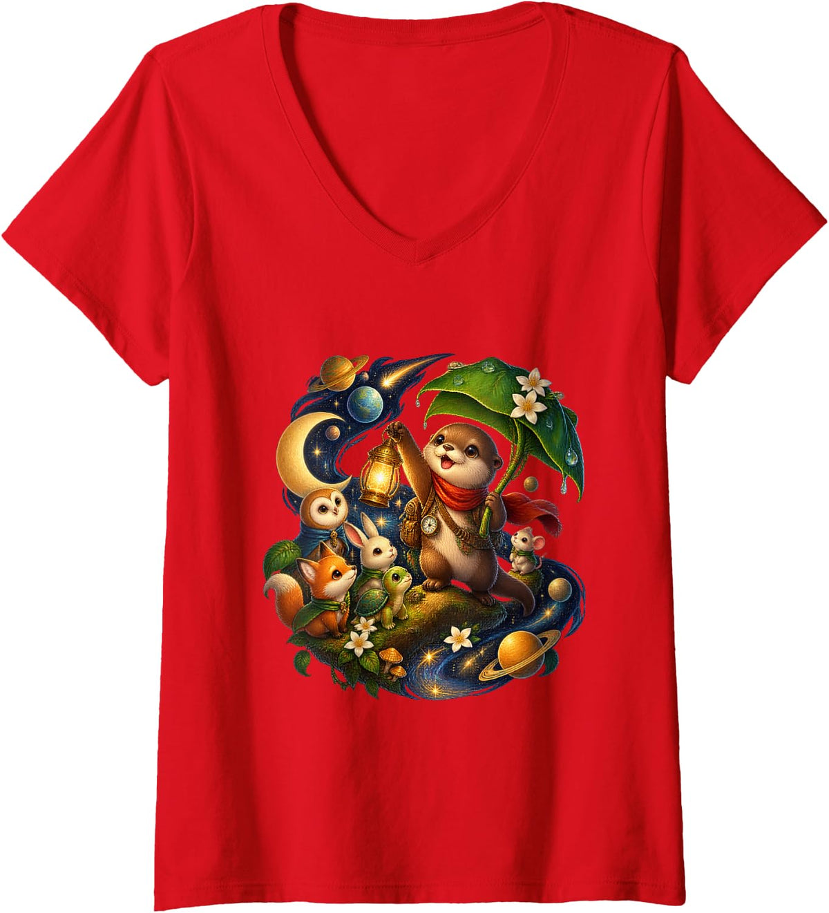 Women's Otter Pup Cosmic Lantern Friends V-Neck T-Shirt - Red