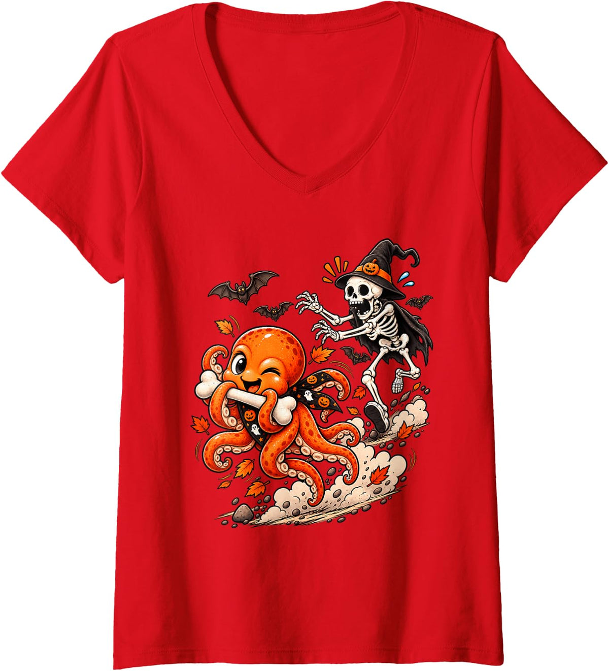 Women's Funny Octopus Chased by Witch Skeleton Halloween Men Women V-Neck T-Shirt - Red