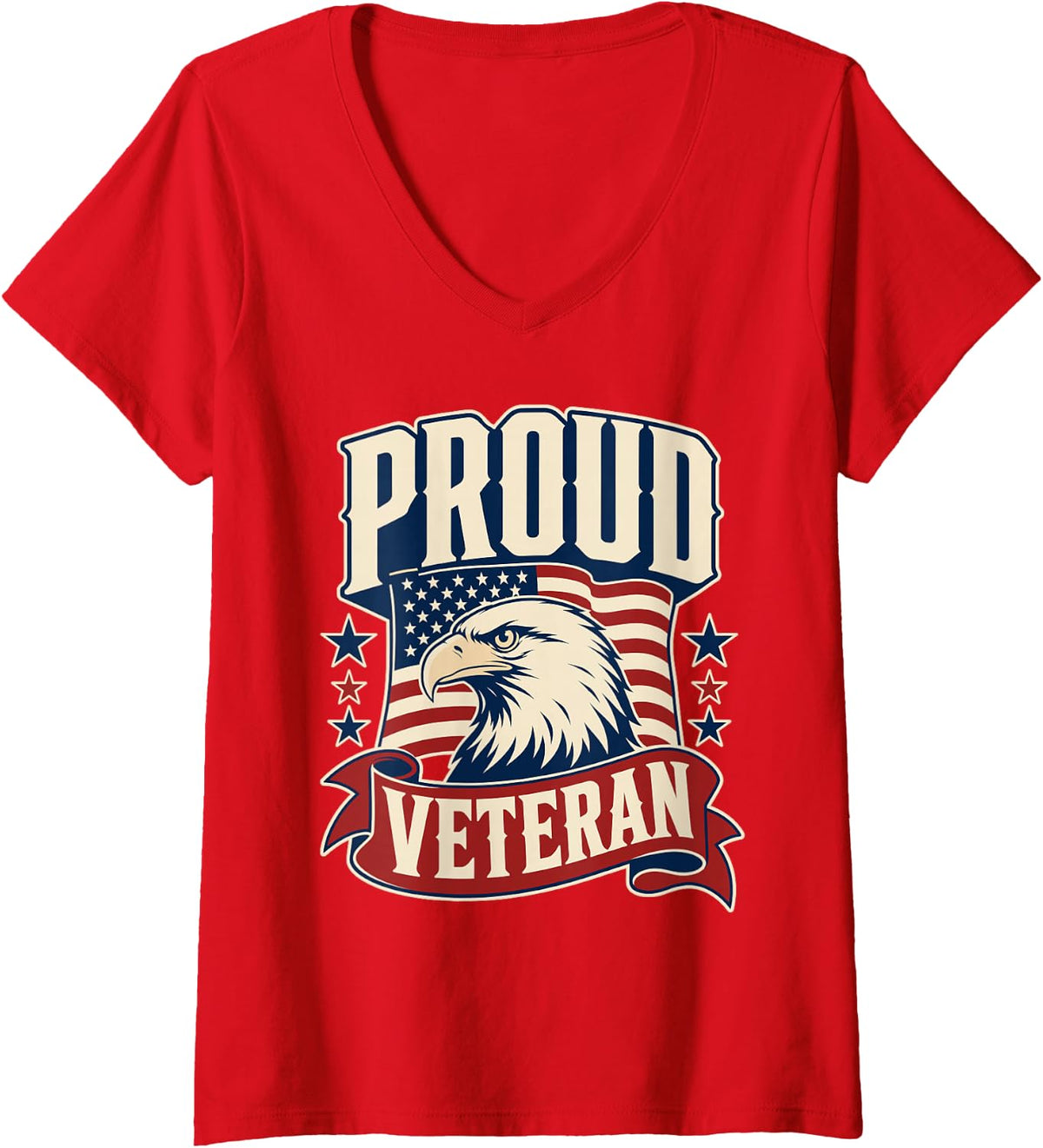 Women's Proud Veteran Bald Eagle Vintage Badge V-Neck T-Shirt - Red