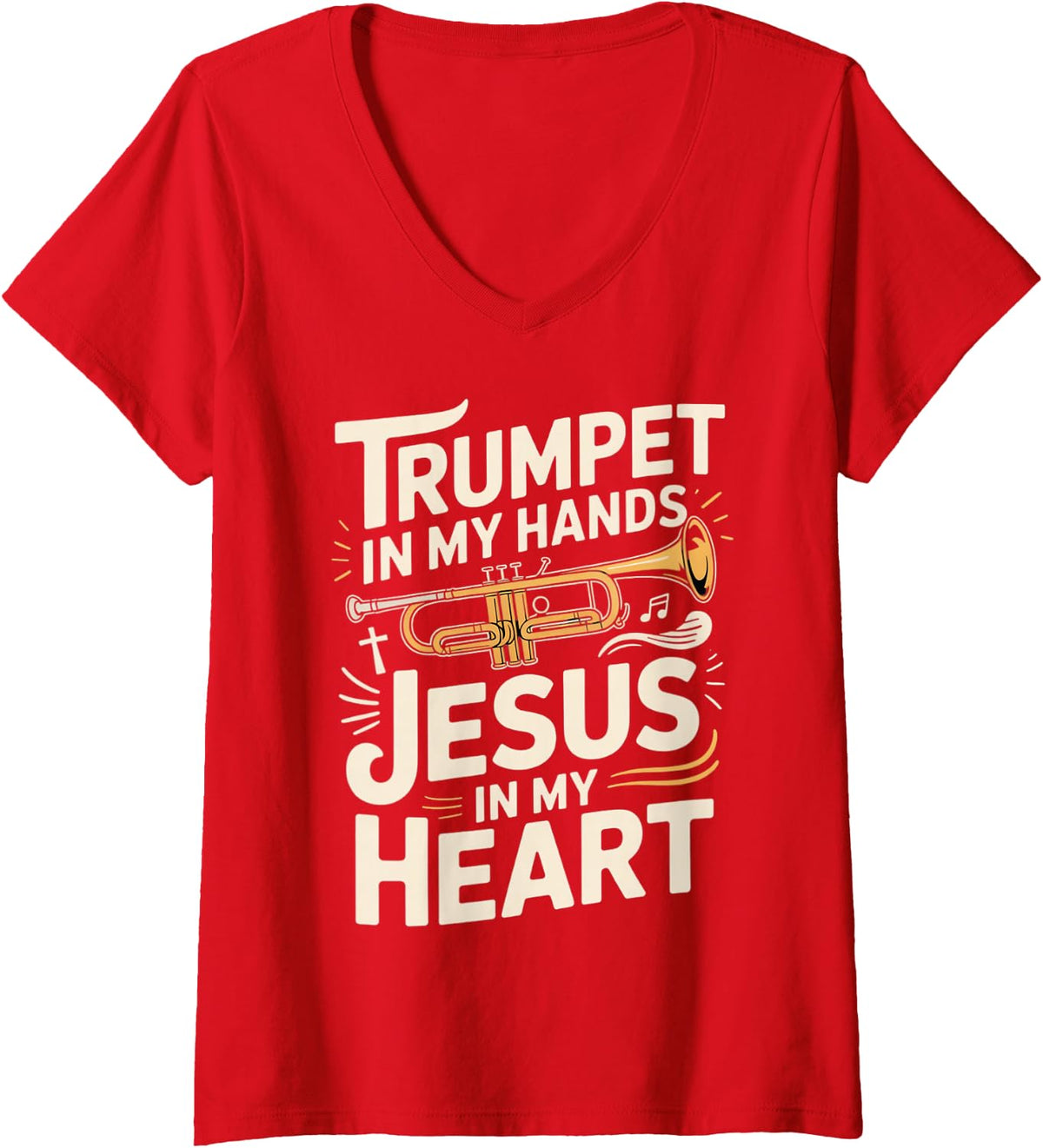 Women's Christian Trumpet Player Jesus Christ Brass Band Trumpeter V-Neck T-Shirt - Red