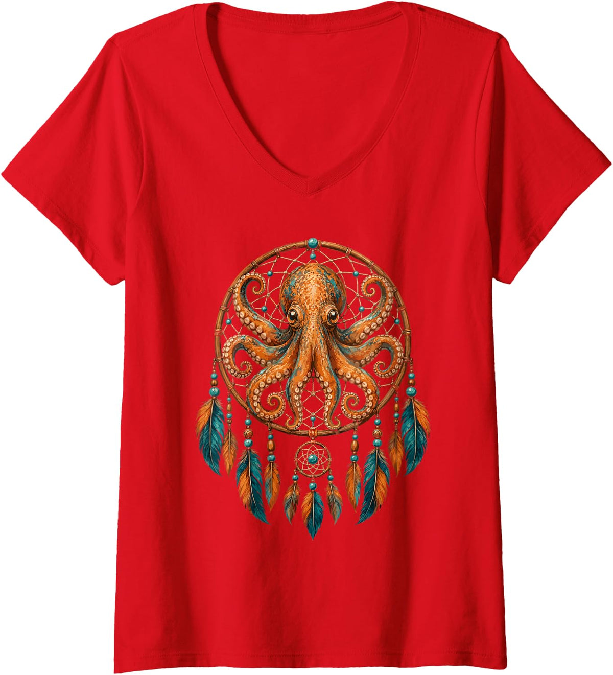 Women's Dreamcatcher Feather Art - Octopus V-Neck T-Shirt - Red