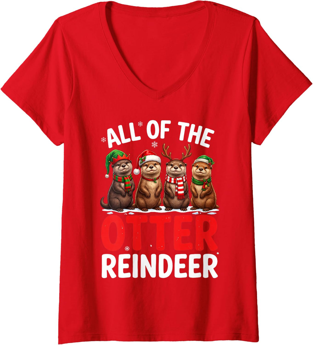 Women's Xmas Otter Lover V-Neck T-Shirt - Red