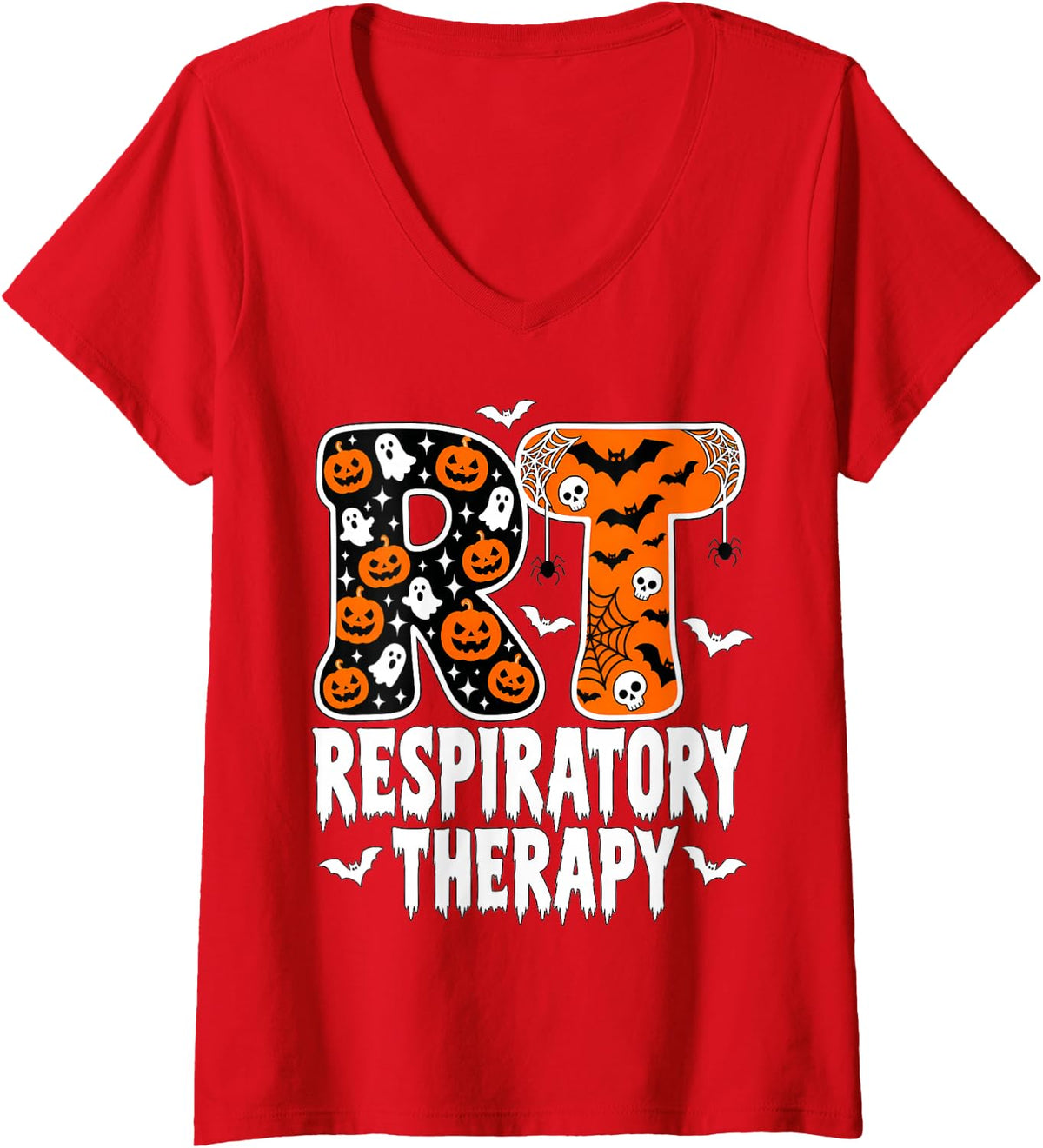 Women's RT Respiratory Therapy Practitioner Nurse Halloween Fall V-Neck T-Shirt - Red