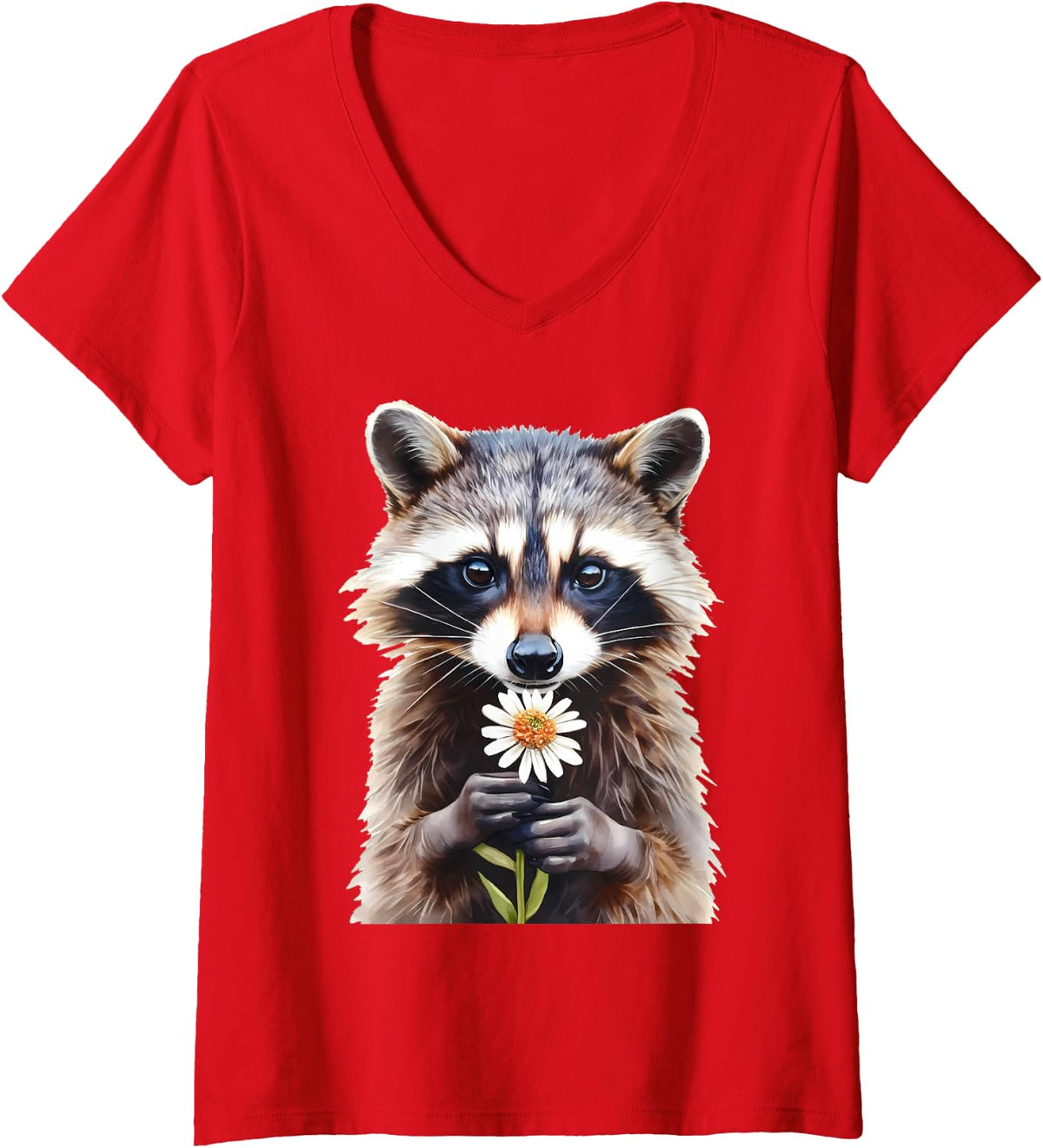 Women's Cute Raccoon Holding Daisy Flower Trash Panda Gardener Lover V-Neck T-Shirt - Red