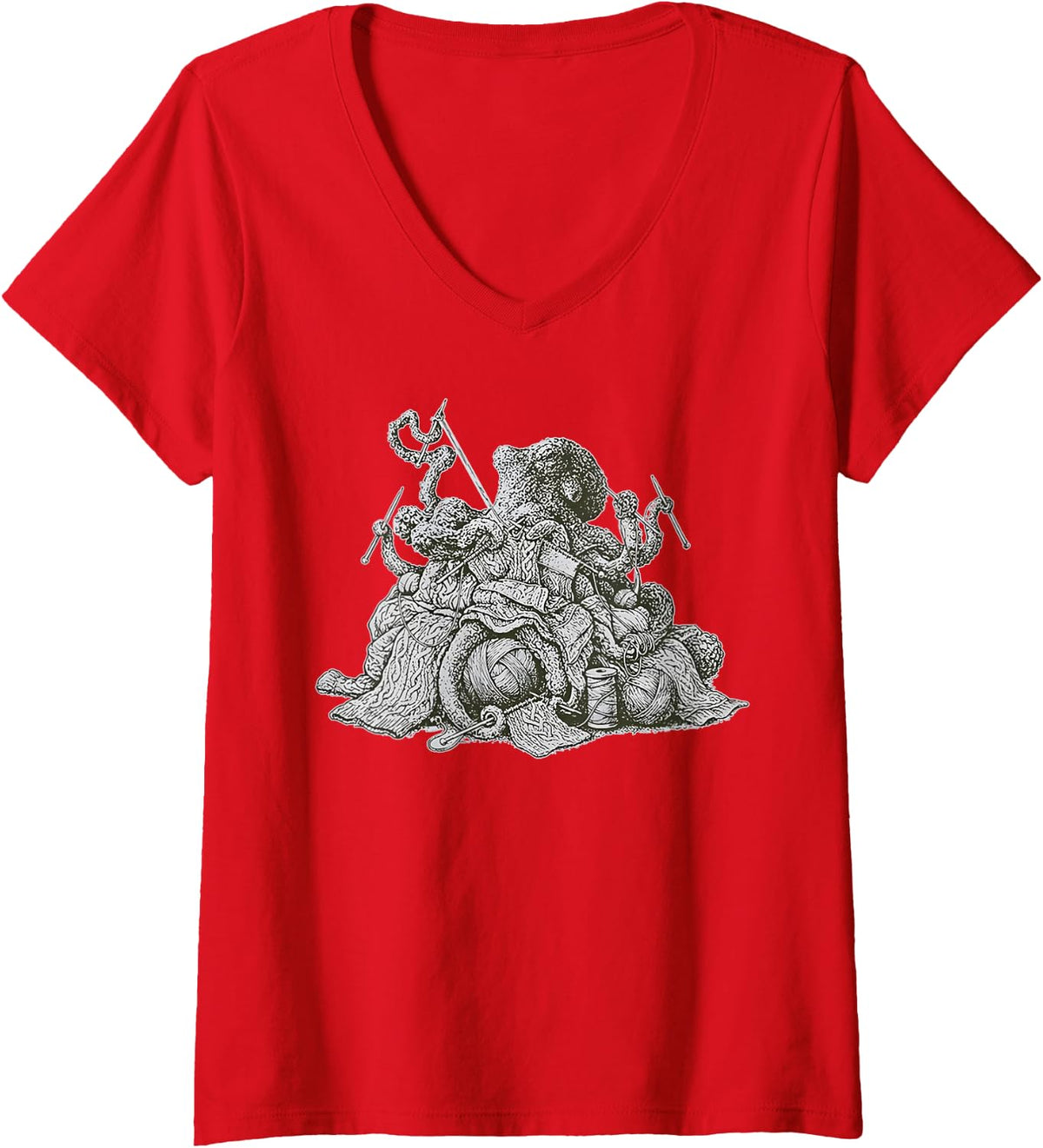 Women's Vintage Octopus Crocheting Knitting Yarn Knitter Crochet V-Neck T-Shirt - Red