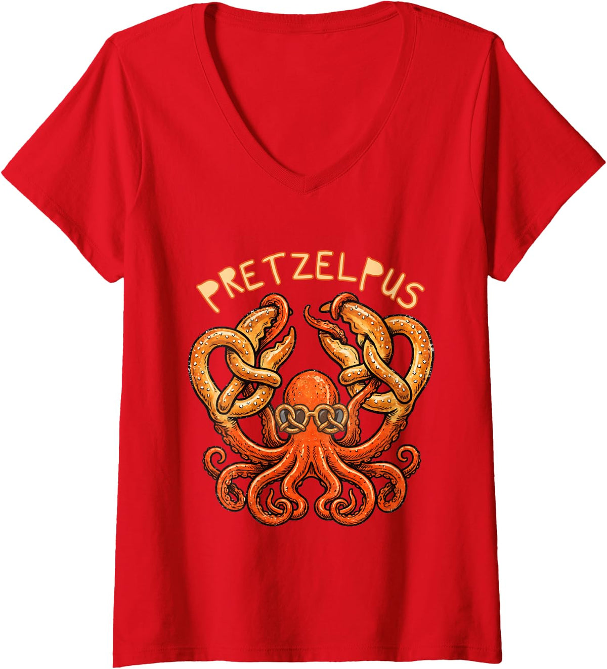 Women's Cute Octopus with German Pretzel Funny V-Neck T-Shirt - Red
