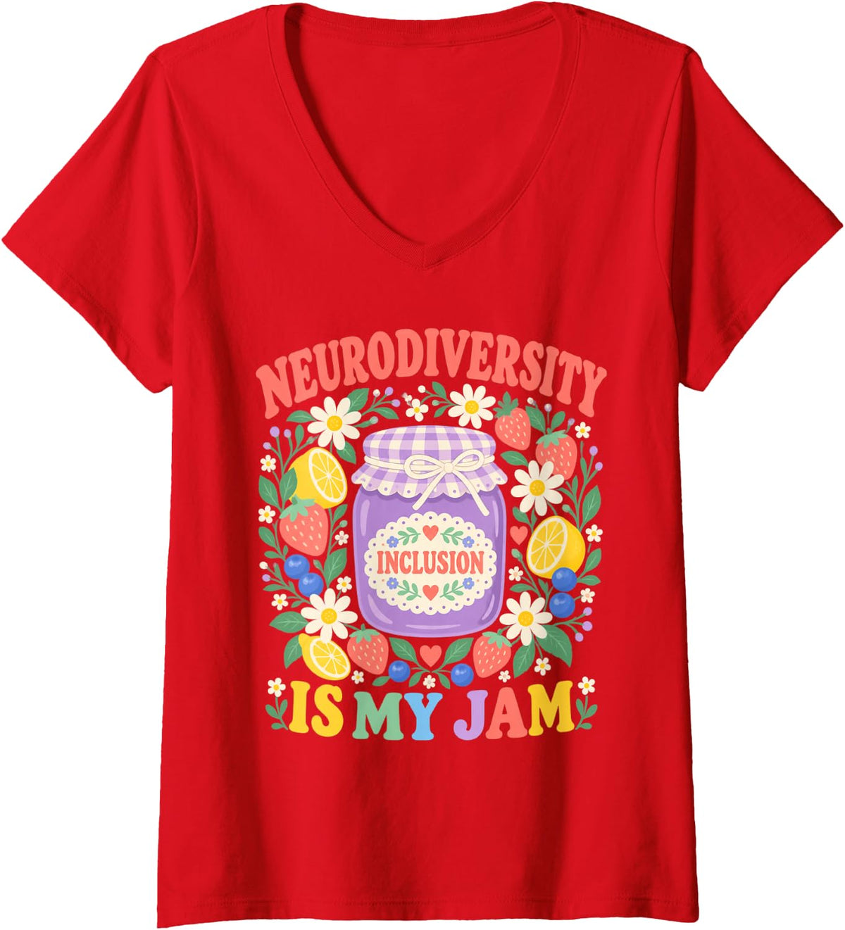 Women's Neurodiversity is My Jam Ability Connection Acceptance V-Neck T-Shirt - Red